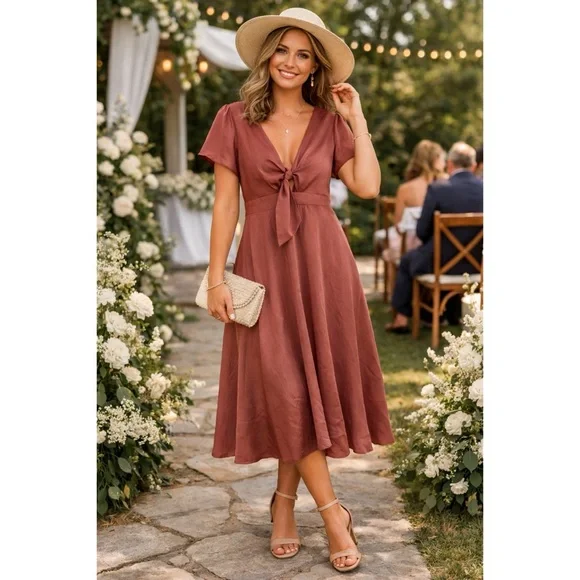 BALTIC BORN Dusty Rose Satin Midi Dress - Picture 1 of 9